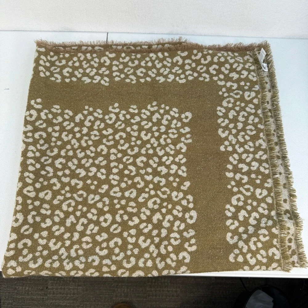 Bandana‎ Scarf in Mini Cheetah Print Fringed Edge Large Square Cozy Warm Beige